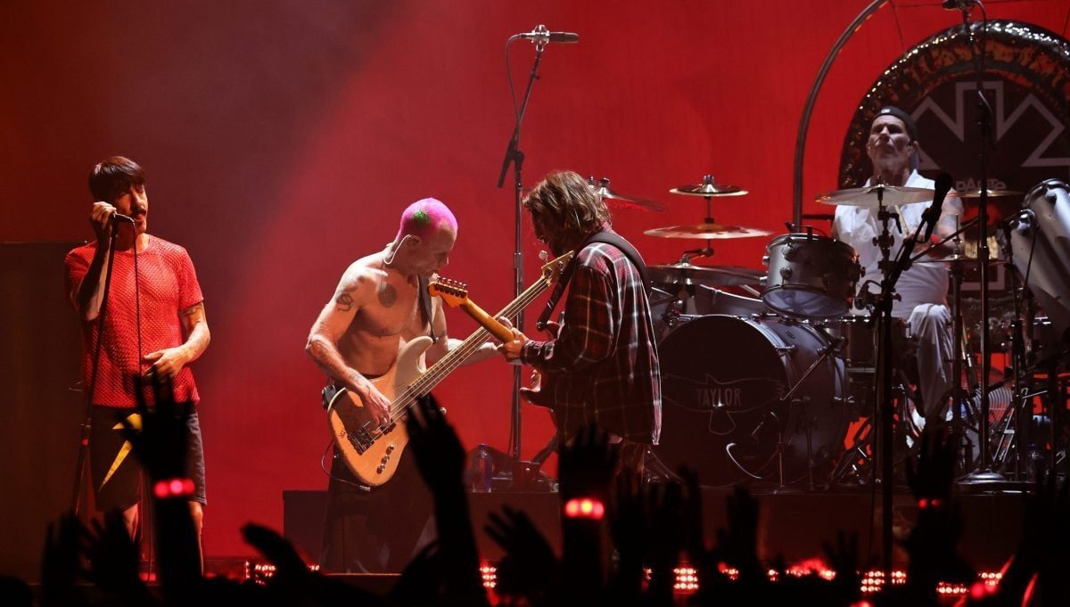 US rock band Red Hot Chili Peppers vocalist Anthony Kiedis, bassist Flea, and guitarist John Frusciante perform onstage at the 2022 MTV VMAs at Prudential Center on August 28, 2022 in Newark, New Jersey.