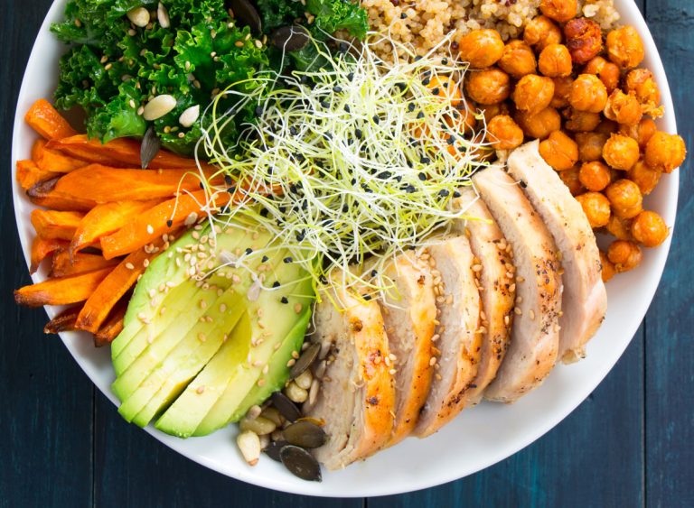 high-protein-lunch-bowl-chicken-kale-chickpeas-quinoa-avocado